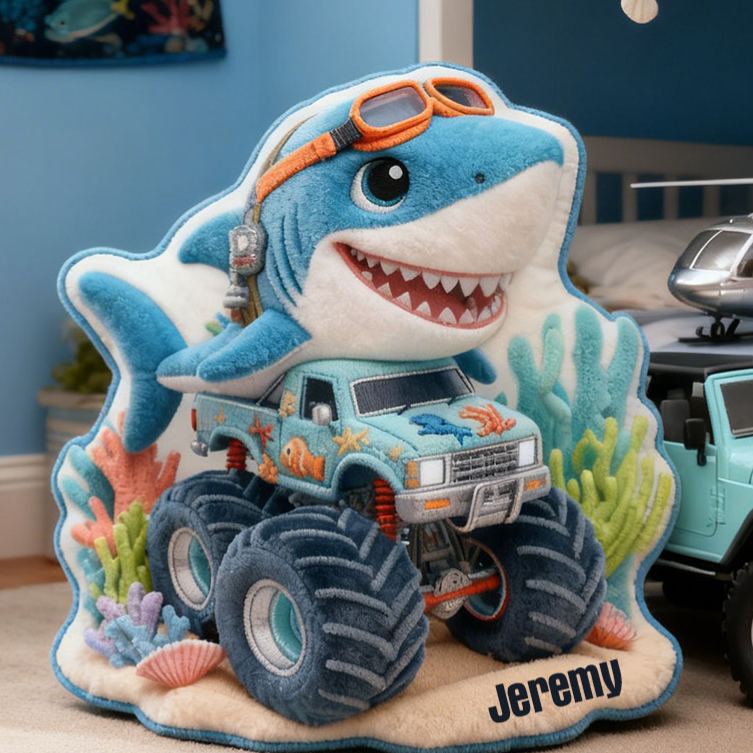 Personalized Shark Monster Truck Name Custom Soft Decorative Gift Ocean Adventure Style Fun Playful Cozy Boy Room Exciting Power Wheels Deep Sea Graphic 3D Print Pillow