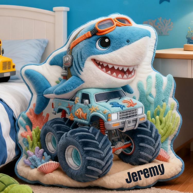 Personalized Shark Monster Truck Name Custom Soft Decorative Gift Ocean Adventure Style Fun Playful Cozy Boy Room Exciting Power Wheels Deep Sea Graphic 3D Print Pillow