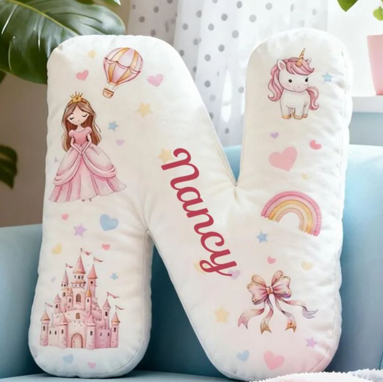 Personalized Princess Letter Name Custom Soft Decorative Gift Castle Dreamy Horse Style Cute Dream Lovely Fairy Tale Cozy Bedroom Playroom Magical Rainbow Heart Graphic 3D Print Pillow