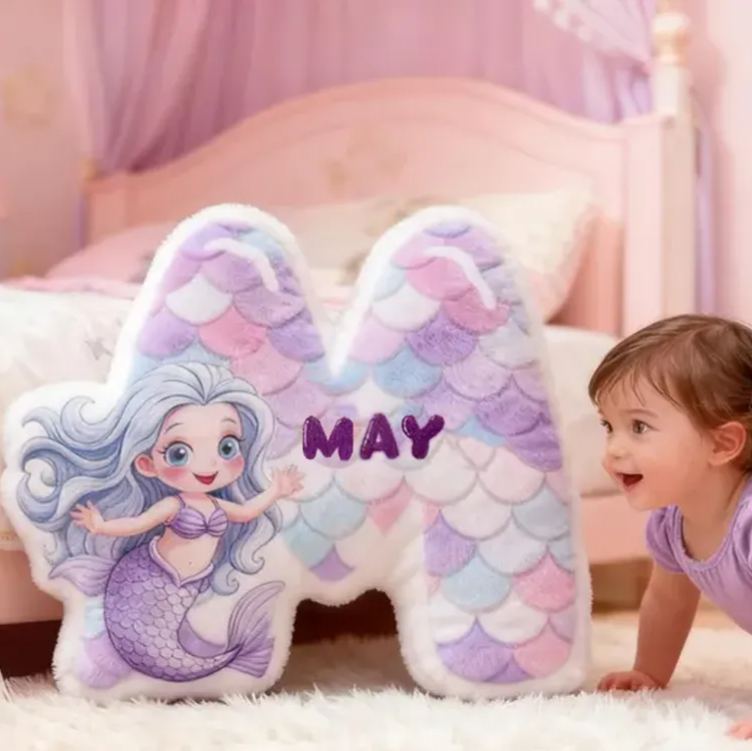 Personalized Mermaid Letter Name Custom Soft Decorative Gift Ocean Fantasy Style Cute Dream Lovely Princess Cozy Bedroom Playroom Pastel Scales Magical Sea Graphic 3D Print Pillow