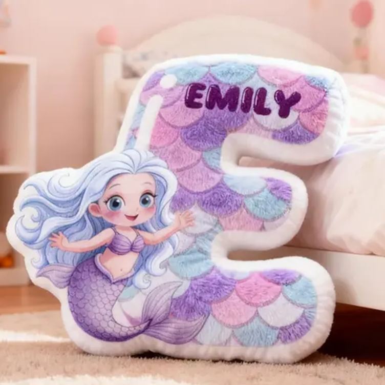 Personalized Mermaid Letter Name Custom Soft Decorative Gift Ocean Fantasy Style Cute Dream Lovely Princess Cozy Bedroom Playroom Pastel Scales Magical Sea Graphic 3D Print Pillow