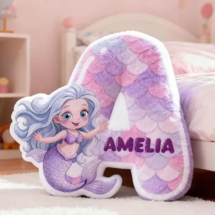 Personalized Mermaid Letter Name Custom Soft Decorative Gift Ocean Fantasy Style Cute Dream Lovely Princess Cozy Bedroom Playroom Pastel Scales Magical Sea Graphic 3D Print Pillow