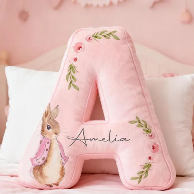 Personalized Bunny Letter Name Custom Soft Decorative Gift Floral Style Cute Gentle Cozy Bedroom Lovely Room Spring Garden Sweet Rabbit Accent Graphic 3D Print Pillow