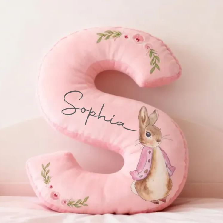 Personalized Bunny Letter Name Custom Soft Decorative Gift Floral Style Cute Gentle Cozy Bedroom Lovely Room Spring Garden Sweet Rabbit Accent Graphic 3D Print Pillow