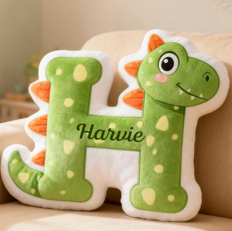 Personalized Dinosaur Letter Name Custom Soft Decorative Gift Green Dragon Style Fun Cute Cozy Playroom Lovely Boy Room Jurassic Fantasy Friendly Creature Graphic 3D Print Pillow
