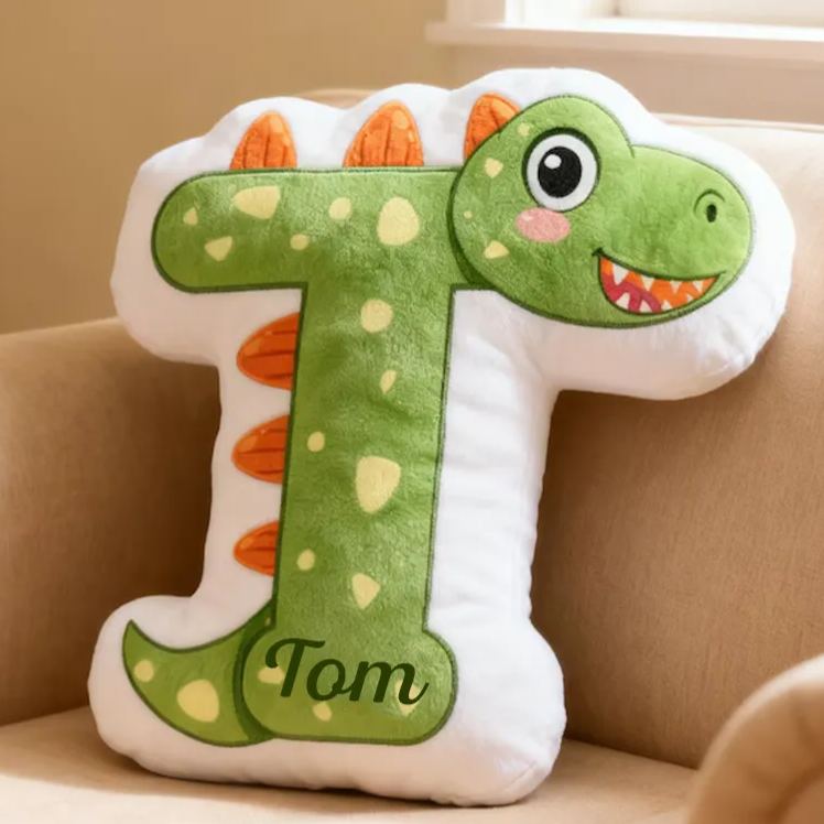 Personalized Dinosaur Letter Name Custom Soft Decorative Gift Green Dragon Style Fun Cute Cozy Playroom Lovely Boy Room Jurassic Fantasy Friendly Creature Graphic 3D Print Pillow