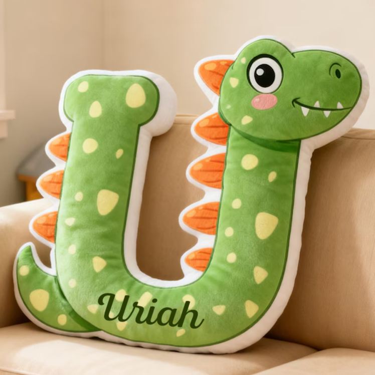 Personalized Dinosaur Letter Name Custom Soft Decorative Gift Green Dragon Style Fun Cute Cozy Playroom Lovely Boy Room Jurassic Fantasy Friendly Creature Graphic 3D Print Pillow