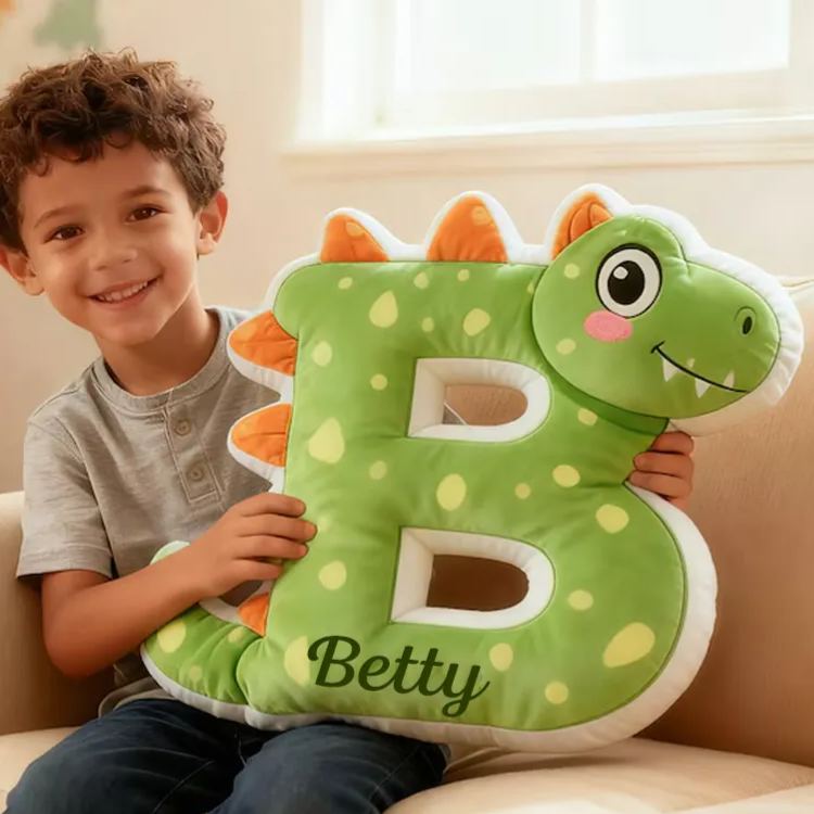 Personalized Dinosaur Letter Name Custom Soft Decorative Gift Green Dragon Style Fun Cute Cozy Playroom Lovely Boy Room Jurassic Fantasy Friendly Creature Graphic 3D Print Pillow