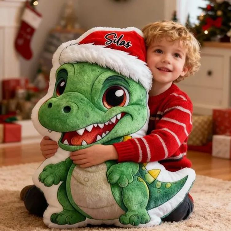 Personalized Christmas Dino Name Custom Soft Decorative Gift Green T Rex Style Cute Holiday Fun Cozy Playroom Lovely Boy Room Festive Cheerful Santa Hat Graphic 3D Print Pillow