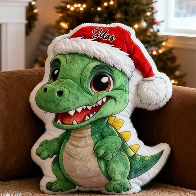 Personalized Christmas Dino Name Custom Soft Decorative Gift Green T Rex Style Cute Holiday Fun Cozy Playroom Lovely Boy Room Festive Cheerful Santa Hat Graphic 3D Print Pillow