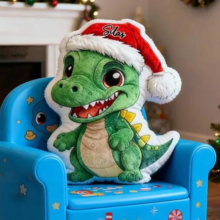 Personalized Christmas Dino Name Custom Soft Decorative Gift Green T Rex Style Cute Holiday Fun Cozy Playroom Lovely Boy Room Festive Cheerful Santa Hat Graphic 3D Print Pillow