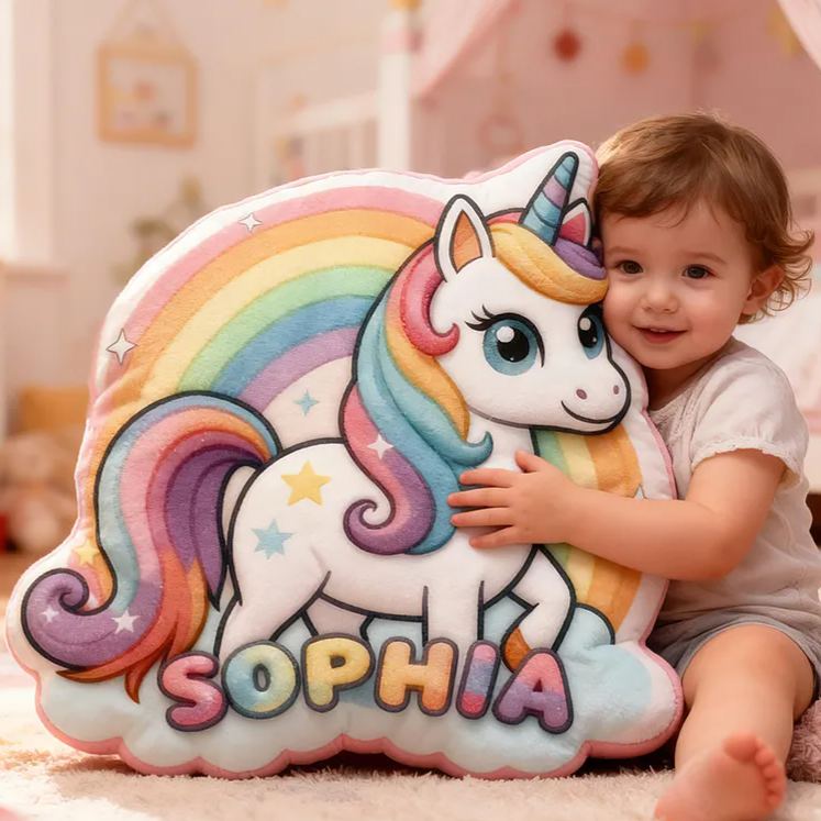 Personalized Dreamy Horse Rainbow Name Custom Soft Decorative Gift Magical Fantasy Style Cute Dream Lovely Princess Cozy Bedroom Playroom Colorful Starry Fun Graphic 3D Print Pillow