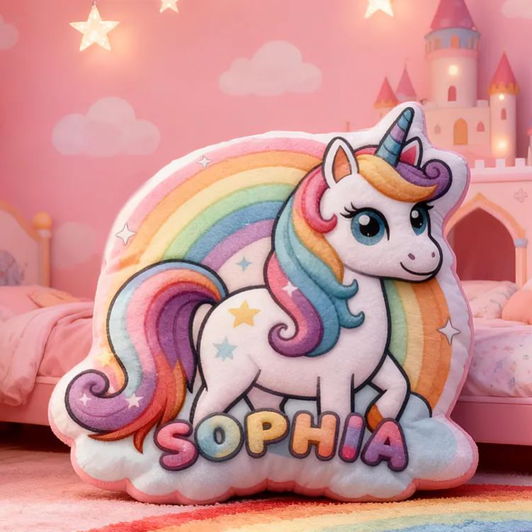 Personalized Dreamy Horse Rainbow Name Custom Soft Decorative Gift Magical Fantasy Style Cute Dream Lovely Princess Cozy Bedroom Playroom Colorful Starry Fun Graphic 3D Print Pillow