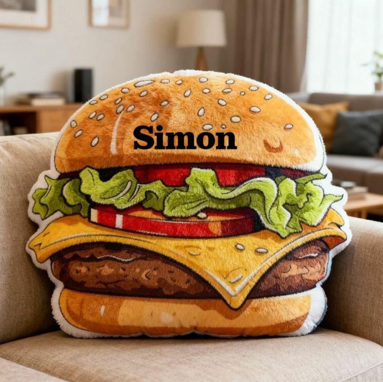 Personalized Burger French Fries Name Custom Soft Decorative Gift Tasty Fast Food Style Fun Snack Comfort Cozy Living Room Lovely Kitchen Playroom Funny Cheeseburger Graphic 3D Print Pillow
