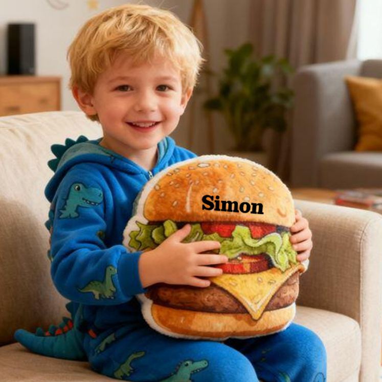 Personalized Burger French Fries Name Custom Soft Decorative Gift Tasty Fast Food Style Fun Snack Comfort Cozy Living Room Lovely Kitchen Playroom Funny Cheeseburger Graphic 3D Print Pillow