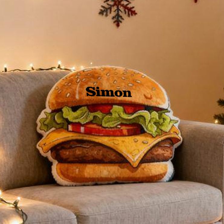 Personalized Burger French Fries Name Custom Soft Decorative Gift Tasty Fast Food Style Fun Snack Comfort Cozy Living Room Lovely Kitchen Playroom Funny Cheeseburger Graphic 3D Print Pillow