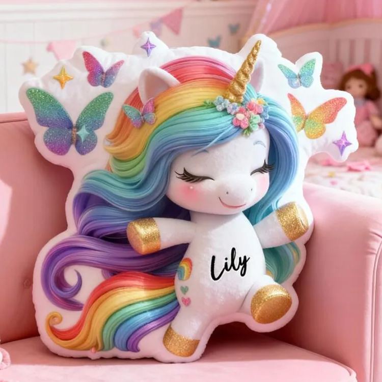 Personalized Rainbow Horse Name Custom Soft Decorative Gift Colorful Magical Style Cute Fantasy Dream Lovely Princess Cozy Bedroom Playroom Butterfly Graphic 3D Print Pillow