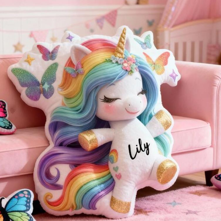 Personalized Rainbow Horse Name Custom Soft Decorative Gift Colorful Magical Style Cute Fantasy Dream Lovely Princess Cozy Bedroom Playroom Butterfly Graphic 3D Print Pillow