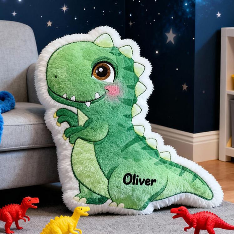 Personalized Green Dino Name Custom Soft Decorative Gift Cute T Rex Style Fun Adventure Cozy Playroom Lovely Boy Room Jurassic Fantasy Friendly Creature Graphic 3D Print Pillow