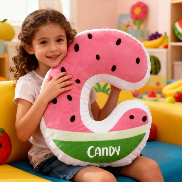 Personalized Watermelon Letter Name Custom Soft Decorative Gift Fruit Style Cute Summer Fresh Sweet Cozy Playroom Lovely Kids Room Fun Colorful Graphic 3D Print Pillow