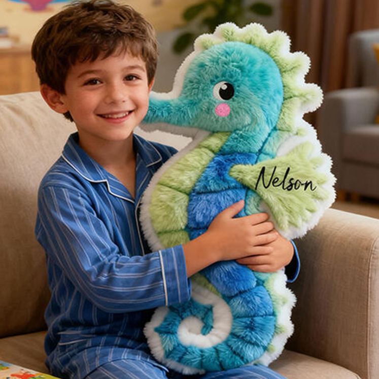 Personalized Seahorse Name Custom Soft Decorative Gift Ocean Blue Style Cute Marine Animal Cozy Bedroom Lovely Underwater Adventure Fun Holiday Graphic 3D Print Pillow