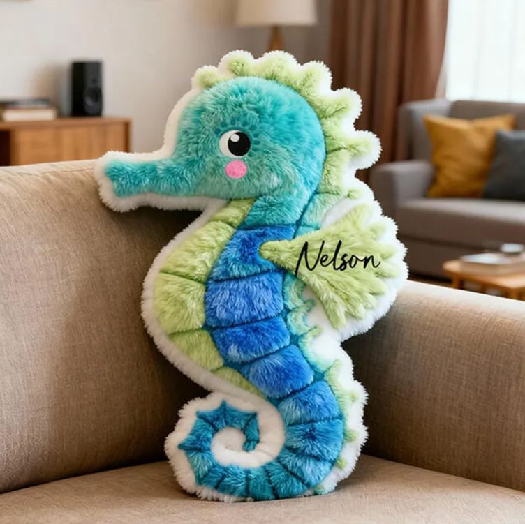 Personalized Seahorse Name Custom Soft Decorative Gift Ocean Blue Style Cute Marine Animal Cozy Bedroom Lovely Underwater Adventure Fun Holiday Graphic 3D Print Pillow