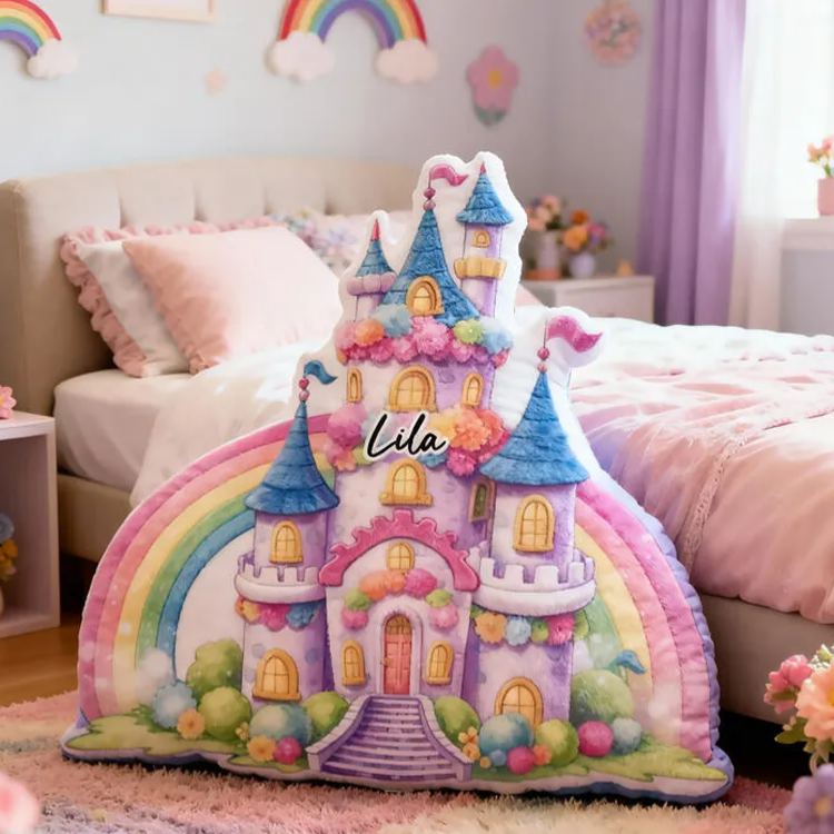 Personalized Rainbow Castle Name Custom Soft Decorative Gift Colorful Fairytale Style Cute Magical Dream Princess Cozy Bedroom Lovely Fantasy Playroom Graphic 3D Print Pillow