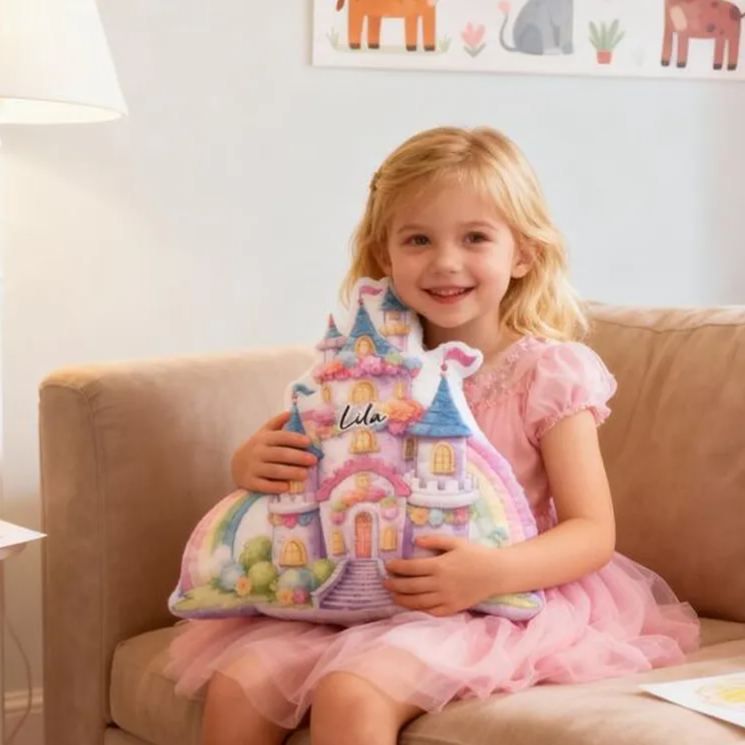 Personalized Rainbow Castle Name Custom Soft Decorative Gift Colorful Fairytale Style Cute Magical Dream Princess Cozy Bedroom Lovely Fantasy Playroom Graphic 3D Print Pillow
