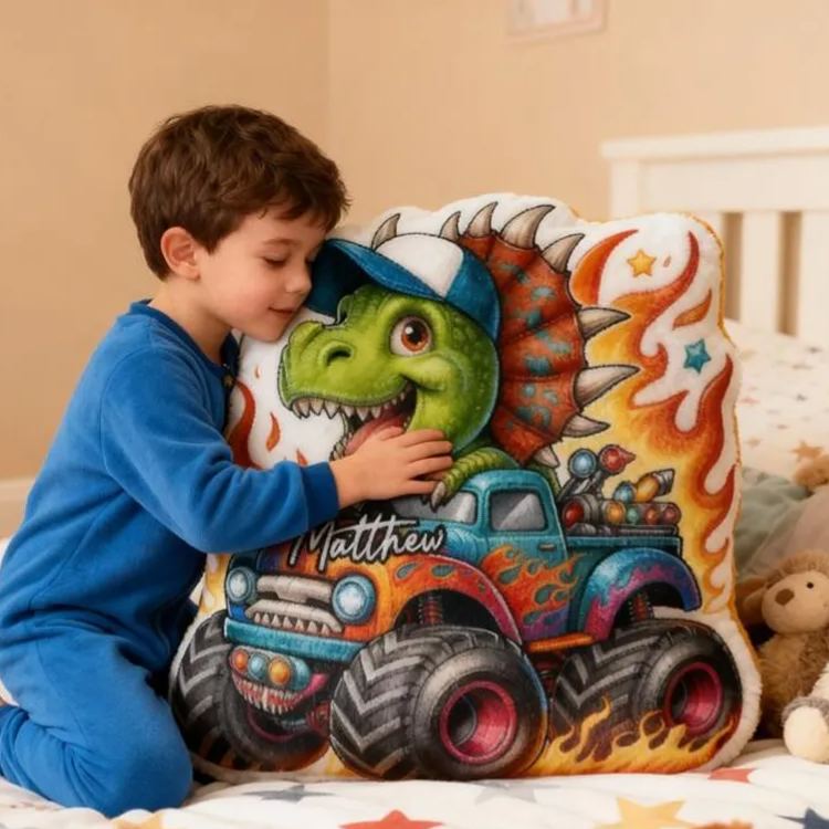 Personalized Dinosaur Truck Name Custom Soft Decorative Gift Green Spinosaurus Style Fun Adventure Monster Car Cool Playroom Cozy Boy Room Exciting Graphic 3D Print Pillow
