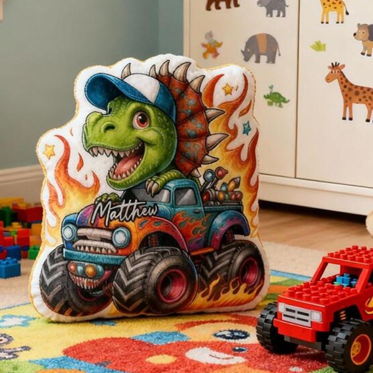 Personalized Dinosaur Truck Name Custom Soft Decorative Gift Green Spinosaurus Style Fun Adventure Monster Car Cool Playroom Cozy Boy Room Exciting Graphic 3D Print Pillow