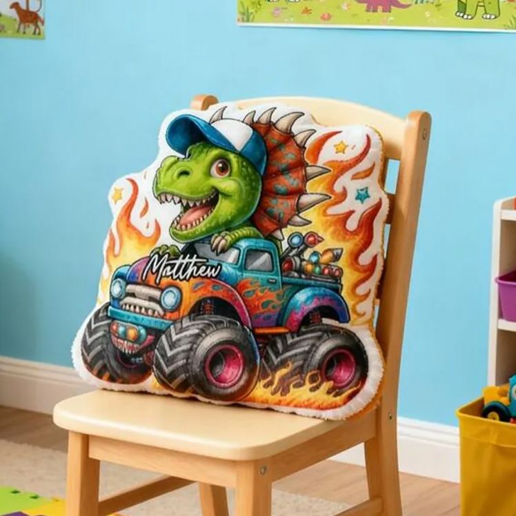 Personalized Dinosaur Truck Name Custom Soft Decorative Gift Green Spinosaurus Style Fun Adventure Monster Car Cool Playroom Cozy Boy Room Exciting Graphic 3D Print Pillow