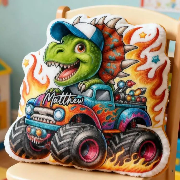 Personalized Dinosaur Truck Name Custom Soft Decorative Gift Green Spinosaurus Style Fun Adventure Monster Car Cool Playroom Cozy Boy Room Exciting Graphic 3D Print Pillow