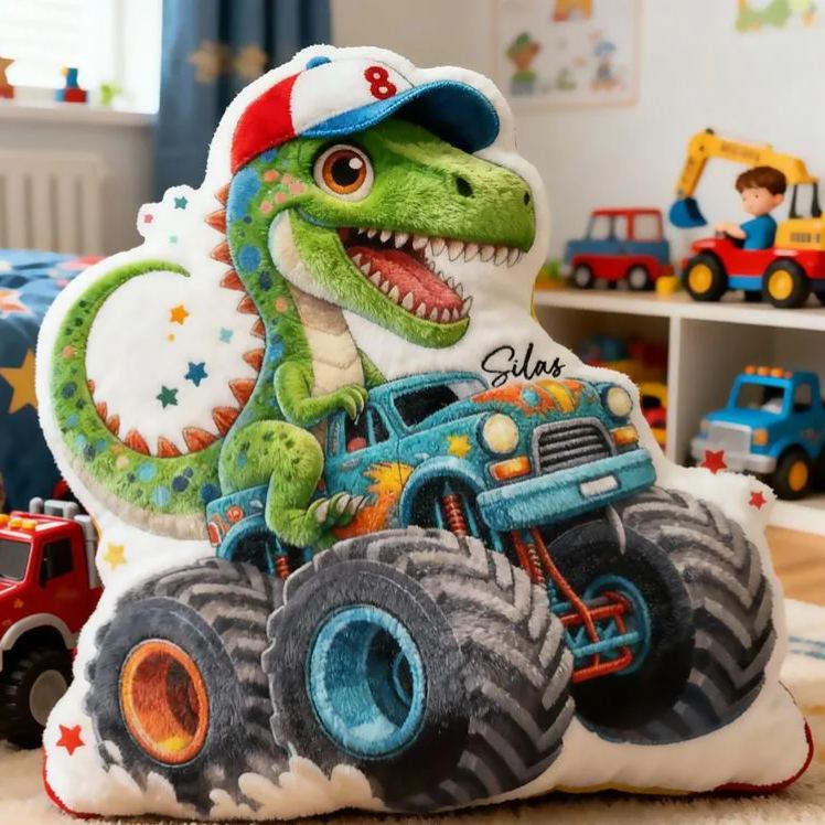 Personalized Dinosaur Truck Name Custom Soft Decorative Gift Green T Rex Style Fun Adventure Monster Car Cool Playroom Cozy Boy Room Exciting Graphic 3D Print Pillow