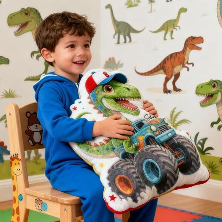 Personalized Dinosaur Truck Name Custom Soft Decorative Gift Green T Rex Style Fun Adventure Monster Car Cool Playroom Cozy Boy Room Exciting Graphic 3D Print Pillow