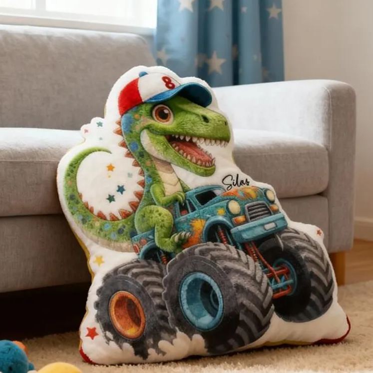 Personalized Dinosaur Truck Name Custom Soft Decorative Gift Green T Rex Style Fun Adventure Monster Car Cool Playroom Cozy Boy Room Exciting Graphic 3D Print Pillow