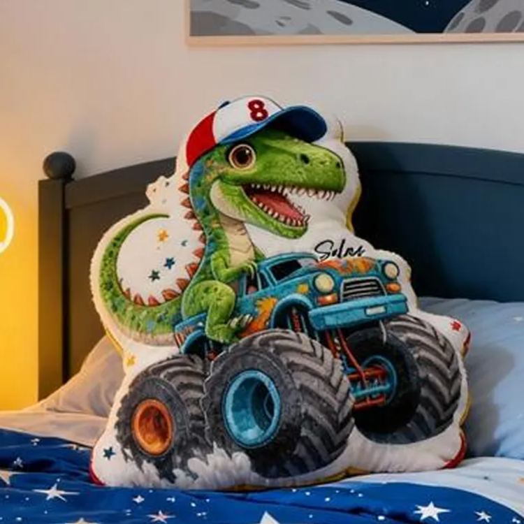 Personalized Dinosaur Truck Name Custom Soft Decorative Gift Green T Rex Style Fun Adventure Monster Car Cool Playroom Cozy Boy Room Exciting Graphic 3D Print Pillow