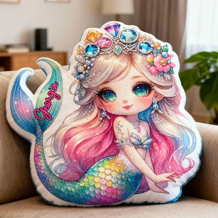 Personalized Mermaid Name Custom Soft Decorative Gift Colorful Ocean Style Cute Magical Dream Sparkling Tail Lovely Princess Cozy Bedroom Fantasy Graphic 3D Print Pillow