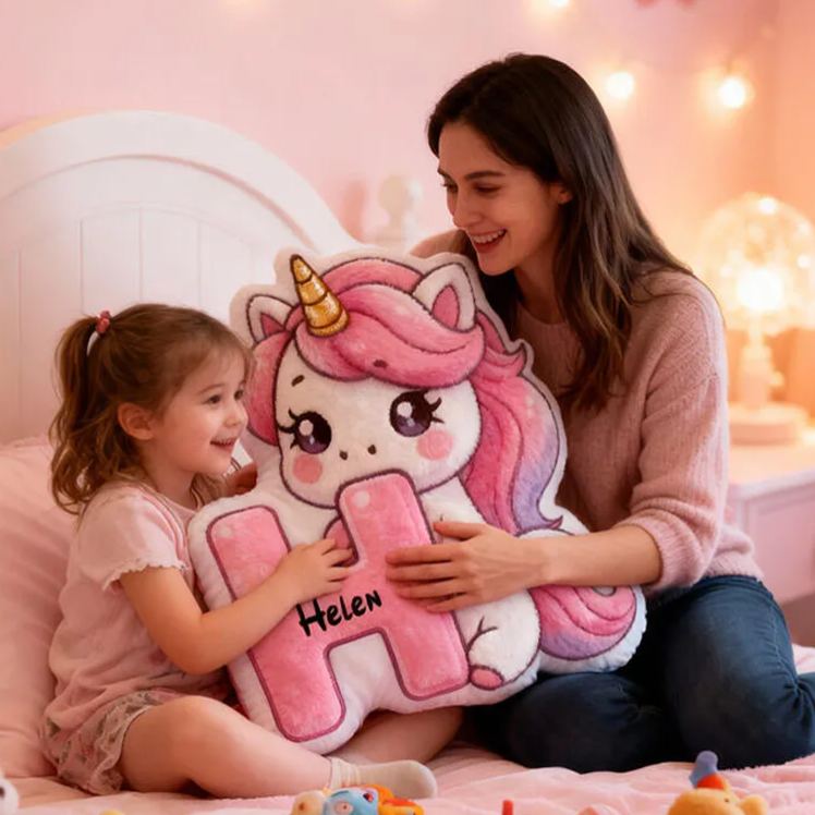 Personalized Unicorn Initial Name Custom Soft Decorative Gift Pink Cute Magical Style Lovely Pony Sweet Dream Cozy Bedroom Hug Pillow Fun Kids Room Graphic 3D Print Pillow