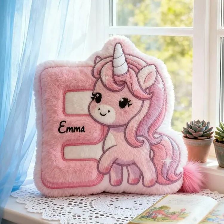 Personalized Unicorn Initial Name Custom Soft Decorative Gift Pink Cute Magical Style Lovely Pony Sweet Dream Cozy Bedroom Hug Pillow Fun Kids Room Graphic 3D Print Pillow