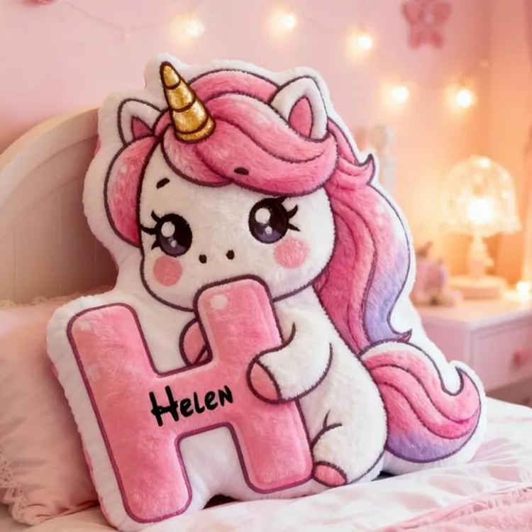 Personalized Unicorn Initial Name Custom Soft Decorative Gift Pink Cute Magical Style Lovely Pony Sweet Dream Cozy Bedroom Hug Pillow Fun Kids Room Graphic 3D Print Pillow