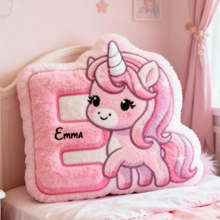 Personalized Unicorn Initial Name Custom Soft Decorative Gift Pink Cute Magical Style Lovely Pony Sweet Dream Cozy Bedroom Hug Pillow Fun Kids Room Graphic 3D Print Pillow
