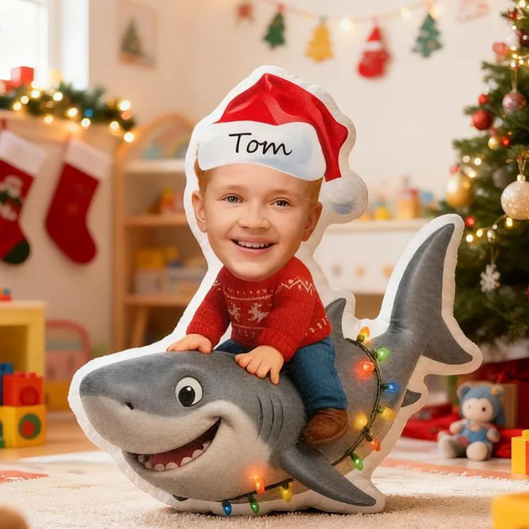 Personalized Christmas Shark Custom Name Soft Decorative Gift Holiday Fun Style Cozy Bedroom Red Green Santa Hat Joyful Ocean Adventure Cute Boy Room Festive Graphic 3D Print Pillow