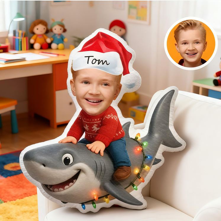 Personalized Christmas Shark Custom Name Soft Decorative Gift Holiday Fun Style Cozy Bedroom Red Green Santa Hat Joyful Ocean Adventure Cute Boy Room Festive Graphic 3D Print Pillow