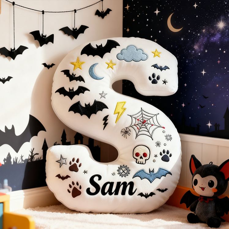 Personalized Bat Custom Name Soft Decorative Gift Spooky Night Style Cozy Bedroom Moon Star Ghost Fun Cute Boy Room Black White Magic Vibe Graphic 3D Print Pillow