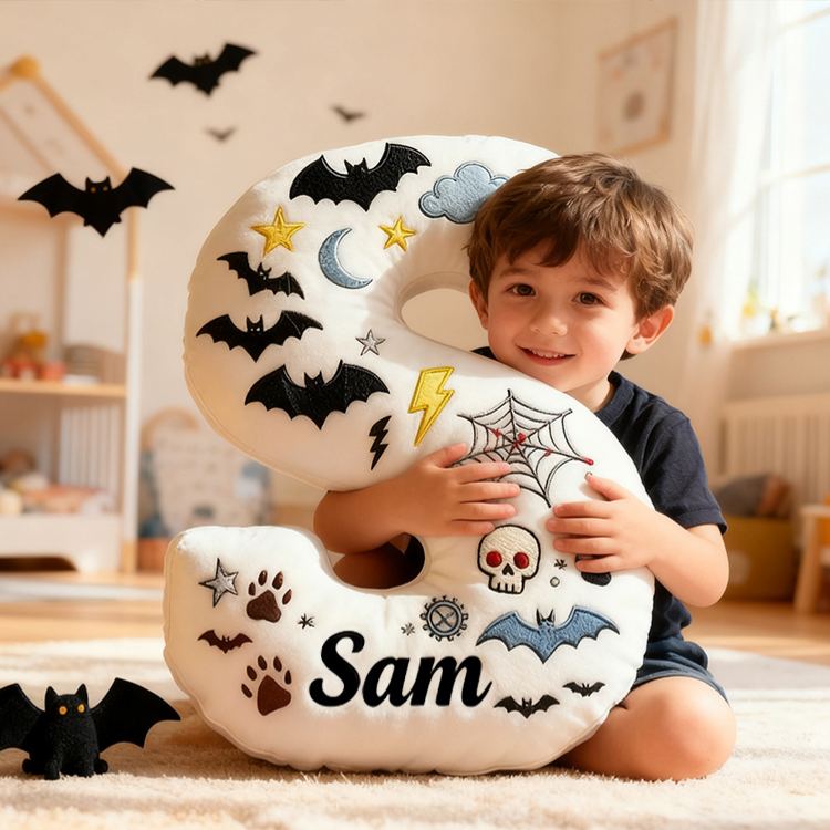 Personalized Bat Custom Name Soft Decorative Gift Spooky Night Style Cozy Bedroom Moon Star Ghost Fun Cute Boy Room Black White Magic Vibe Graphic 3D Print Pillow