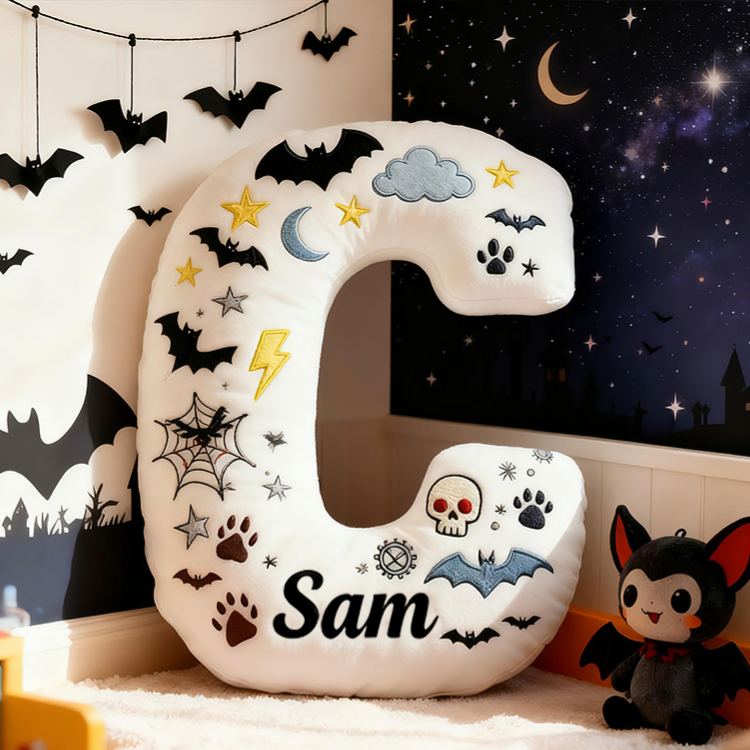 Personalized Bat Custom Name Soft Decorative Gift Spooky Night Style Cozy Bedroom Moon Star Ghost Fun Cute Boy Room Black White Magic Vibe Graphic 3D Print Pillow