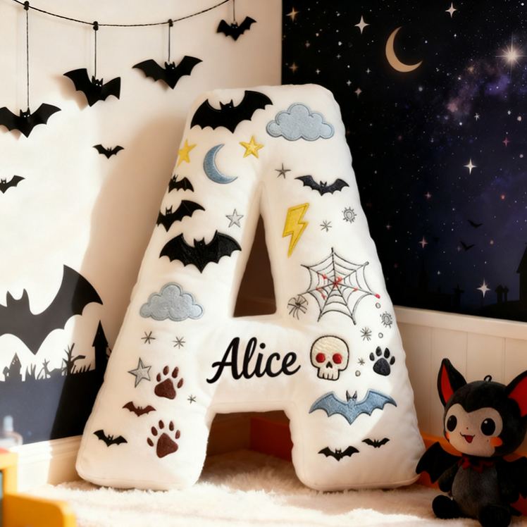 Personalized Bat Custom Name Soft Decorative Gift Spooky Night Style Cozy Bedroom Moon Star Ghost Fun Cute Boy Room Black White Magic Vibe Graphic 3D Print Pillow