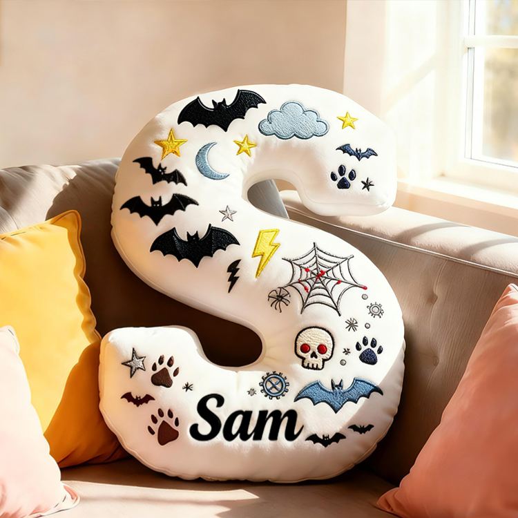 Personalized Bat Custom Name Soft Decorative Gift Spooky Night Style Cozy Bedroom Moon Star Ghost Fun Cute Boy Room Black White Magic Vibe Graphic 3D Print Pillow