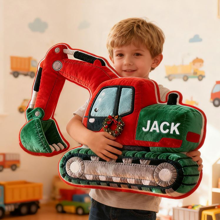 Personalized Excavator Truck Custom Name Soft Decorative Gift Construction Vehicle Style Cozy Bedroom Builder Machine Fun Playtime Boy Room Graphic 3D Print Pillow