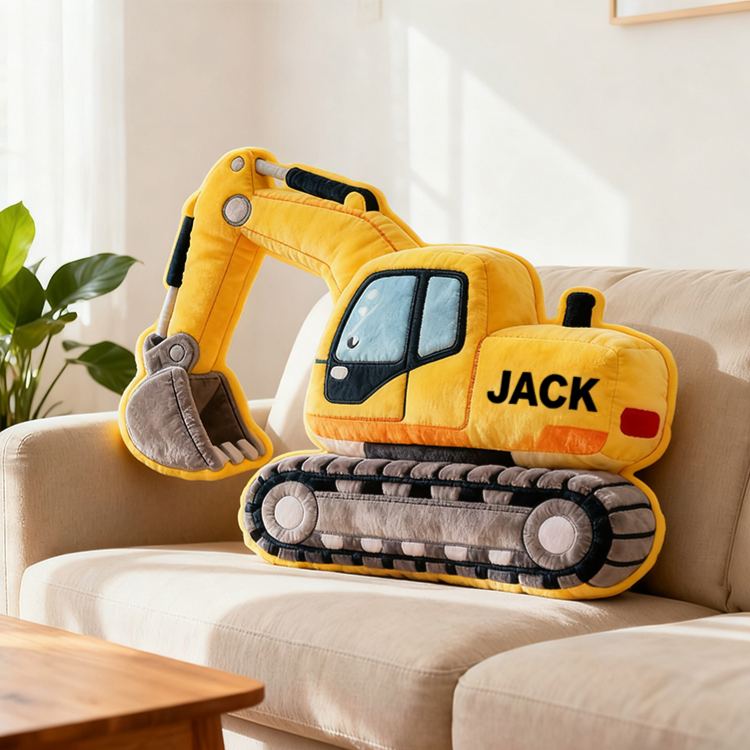 Personalized Excavator Truck Custom Name Soft Decorative Gift Construction Vehicle Style Cozy Bedroom Builder Machine Fun Playtime Boy Room Graphic 3D Print Pillow